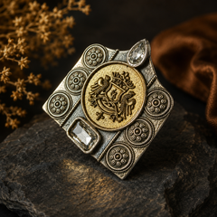 Oxidised silver statement ring with gold-tone centre and clear stones for women