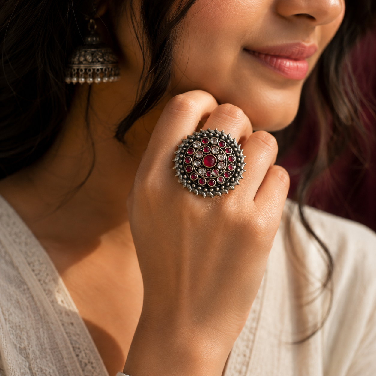 Oxidised silver statement ring with red and white stones for women