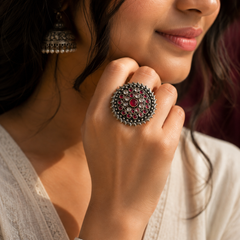 Oxidised silver statement ring with red and white stones for women