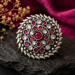 Oxidised silver statement ring with red and white stones for women