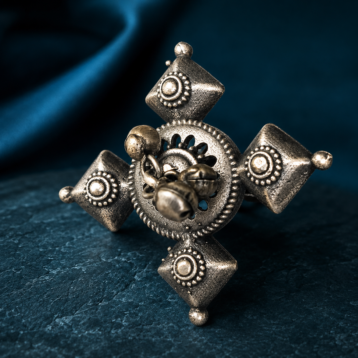 Oxidised silver tribal statement ring for women with intricate antique design