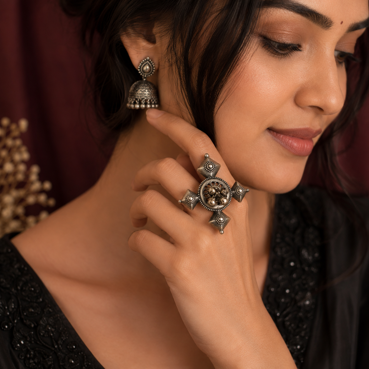 Oxidised silver tribal statement ring for women with intricate antique design