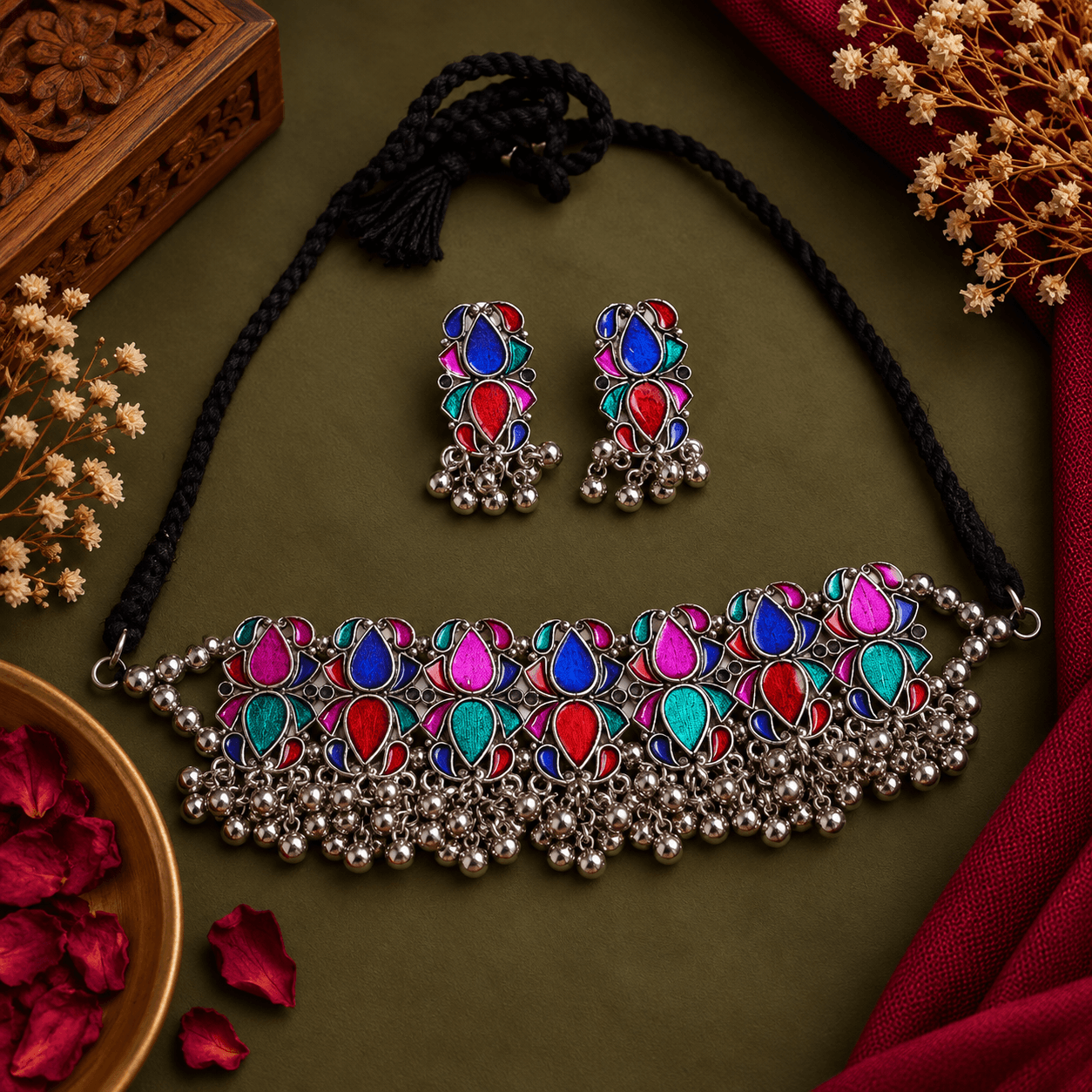oxidized-meenakari-style-choker-set-for-navratri