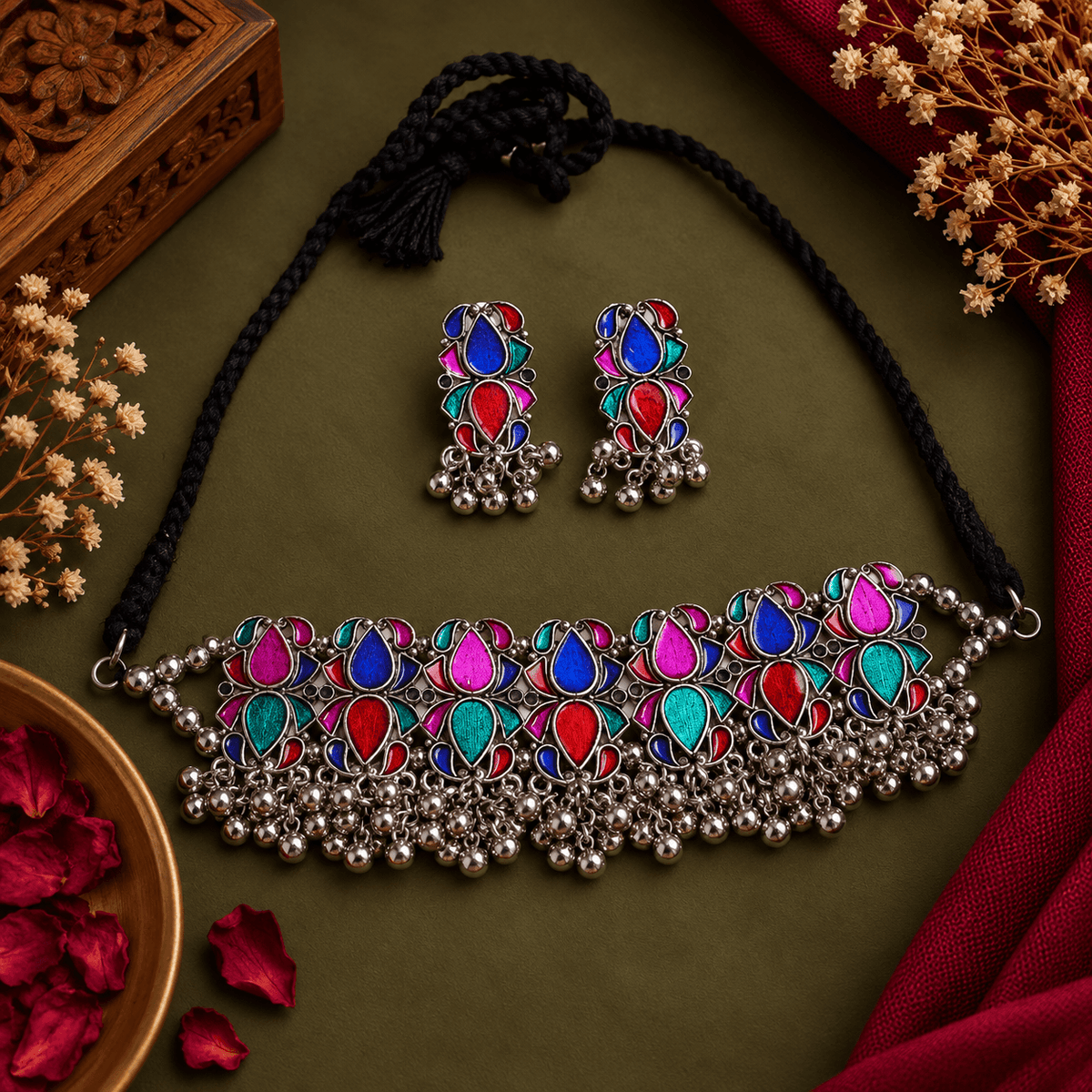 oxidized-meenakari-style-choker-set-for-navratri