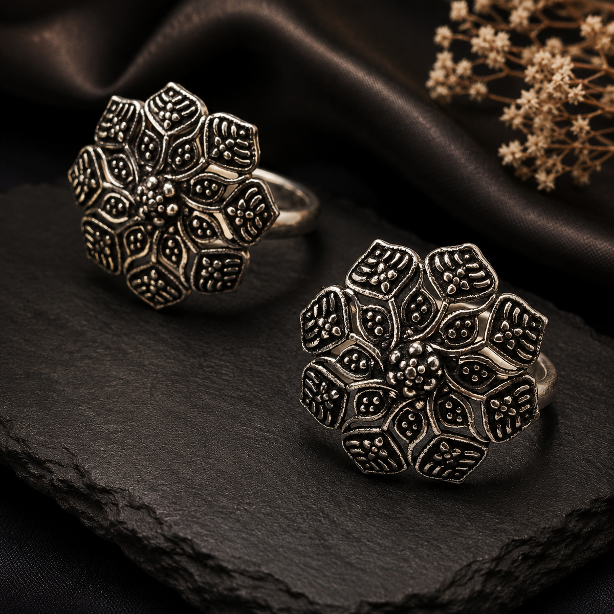 Oxidized Silver Floral Toe Rings for Women – Traditional Flower Foot Rings