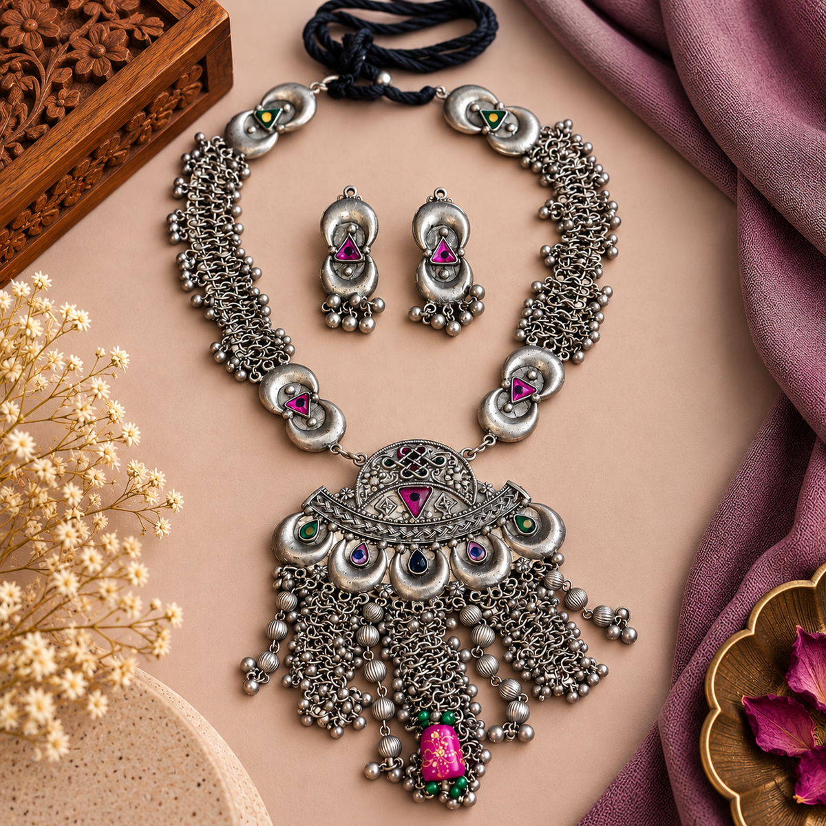 Oxidized Silver Statement Necklace Set with Earrings | The Mirage Fashion