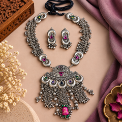 Oxidized Silver Statement Necklace Set with Earrings | The Mirage Fashion