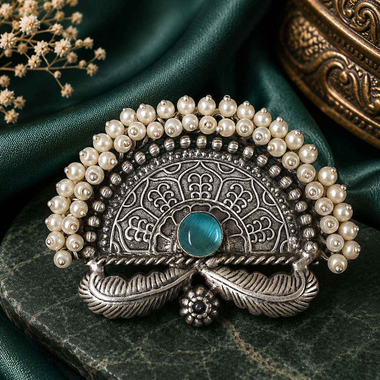 Blue: Oxidized pearl statement ring with blue centre stone