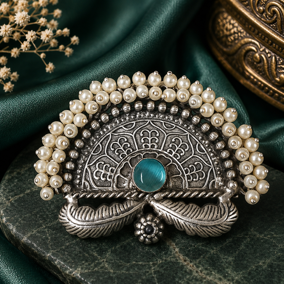 Blue: Oxidized pearl statement ring with blue centre stone