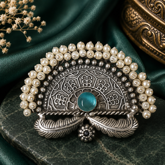 Blue: Oxidized pearl statement ring with blue centre stone