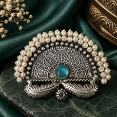 Blue: Oxidized pearl statement ring with blue centre stone