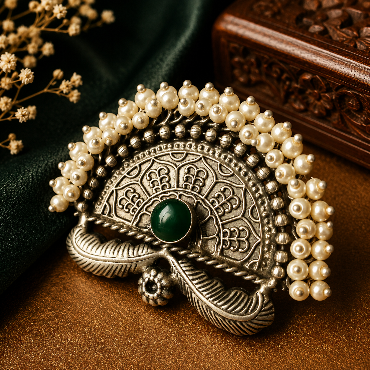 Green: Oxidized pearl statement ring with green centre stone