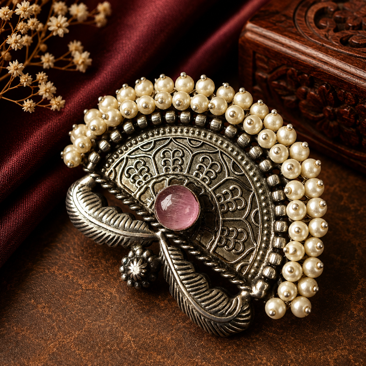 Pink: Oxidized pearl statement ring with pink centre stone