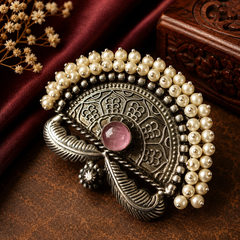 Pink: Oxidized pearl statement ring with pink centre stone