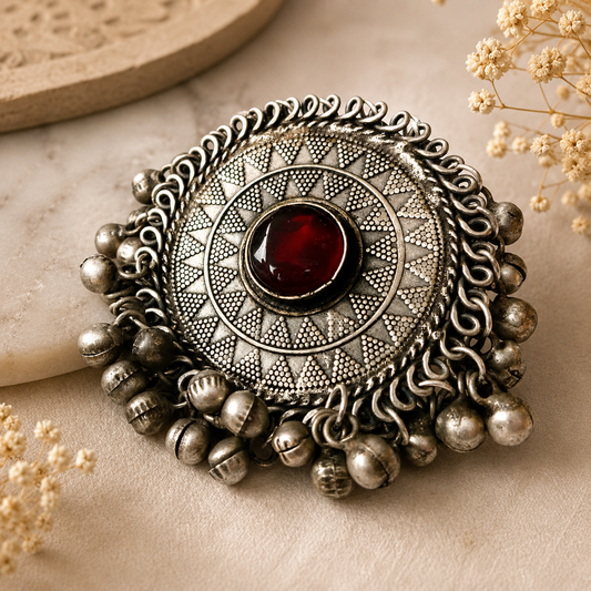 Oxidized Silver Round Statement Ring with Colourful Stone | Adjustable Ring for Women