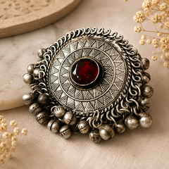 Oxidized Silver Round Statement Ring with Colourful Stone | Adjustable Ring for Women
