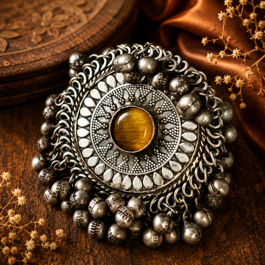 Oxidized Silver Round Statement Ring with Colourful Stone | Adjustable Ring for Women
