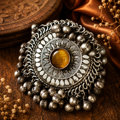 Oxidized Silver Round Statement Ring with Colourful Stone | Adjustable Ring for Women