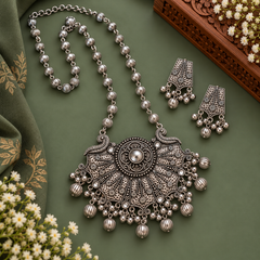 Oxidized Silver Statement Necklace Set with Earrings | The Mirage Fashion