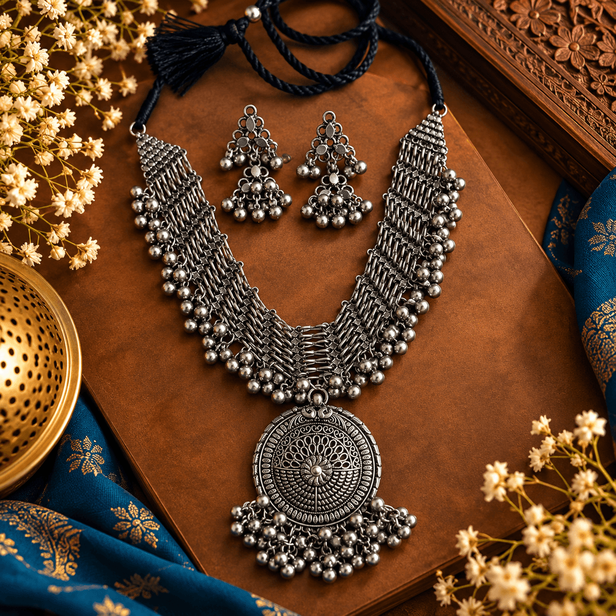 Oxidized Silver Tribal Necklace & Earrings Set | The Mirage Fashion