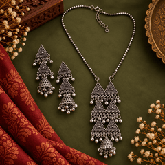Oxidized silver triangle pendant necklace set with matching long geometric earrings