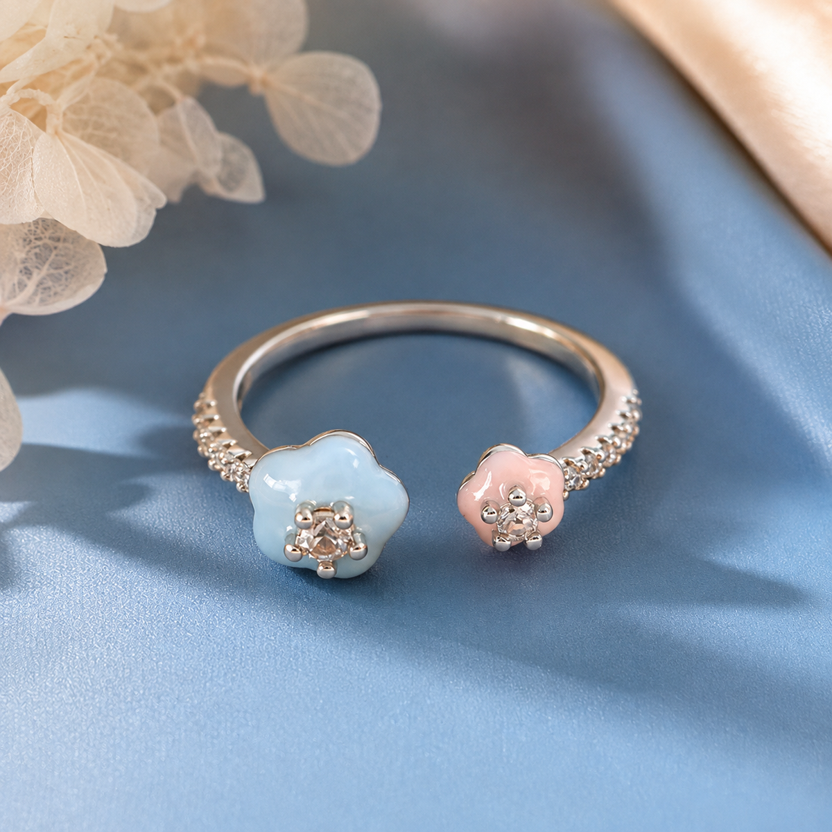 Pastel Blue & Pink Enamel Open Ring for Women | Adjustable Statement Ring