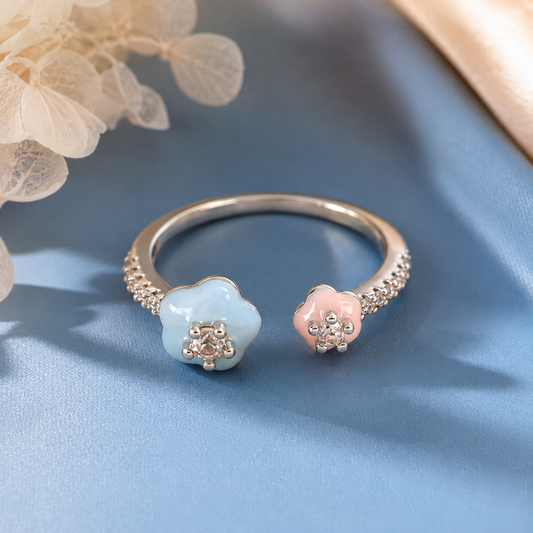 Pastel Blue & Pink Enamel Open Ring for Women | Adjustable Statement Ring