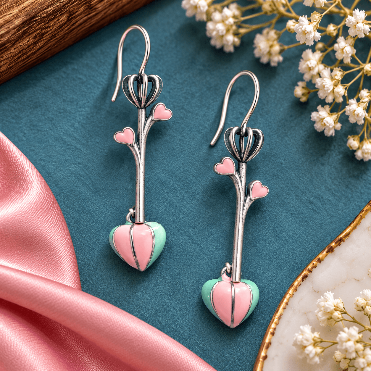 Pastel pink and mint green heart dangle earrings with silver-tone stems and small pink heart accents