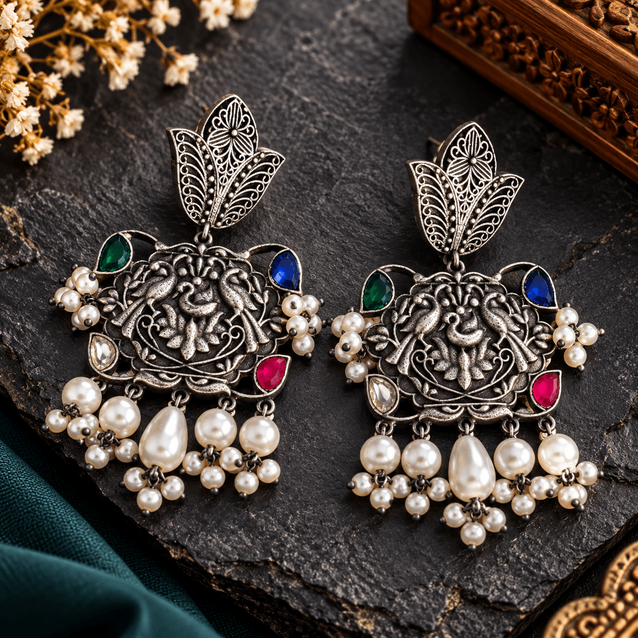 Multicolour peacock-inspired oxidized silver-tone earrings with pearl-style dangling beads
