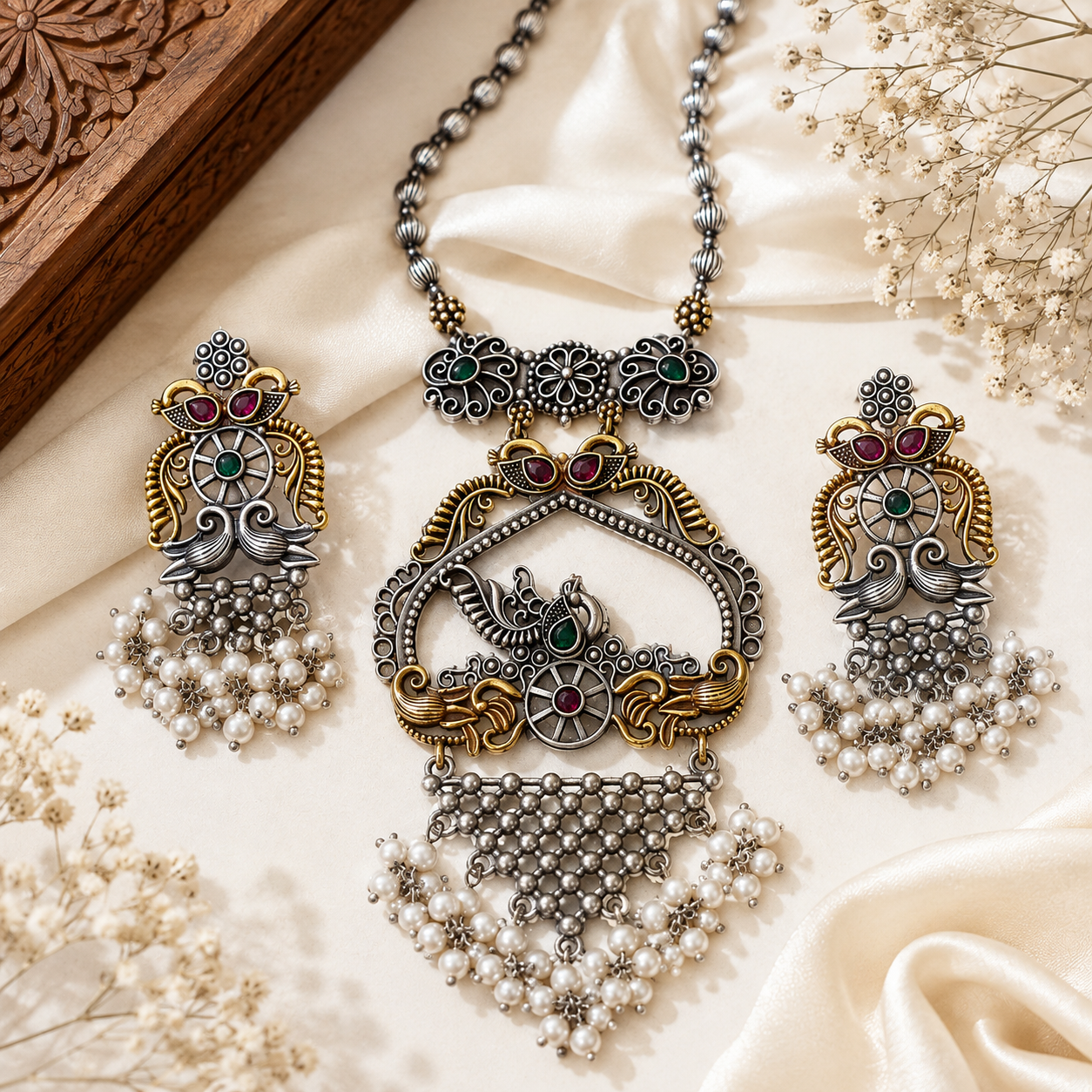 Peacock oxidized necklace and earrings set with colourful stones and beaded details