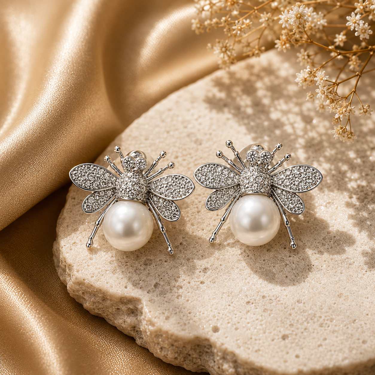Elegant silver-tone bee stud earrings with sparkling crystal wings and pearl-style centre
