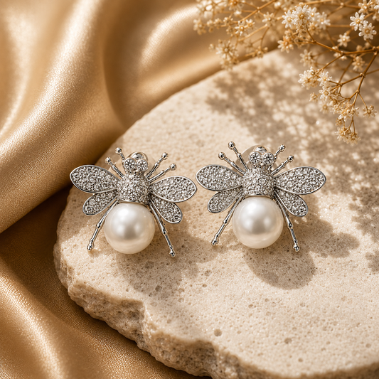 Elegant silver-tone bee stud earrings with sparkling crystal wings and pearl-style centre