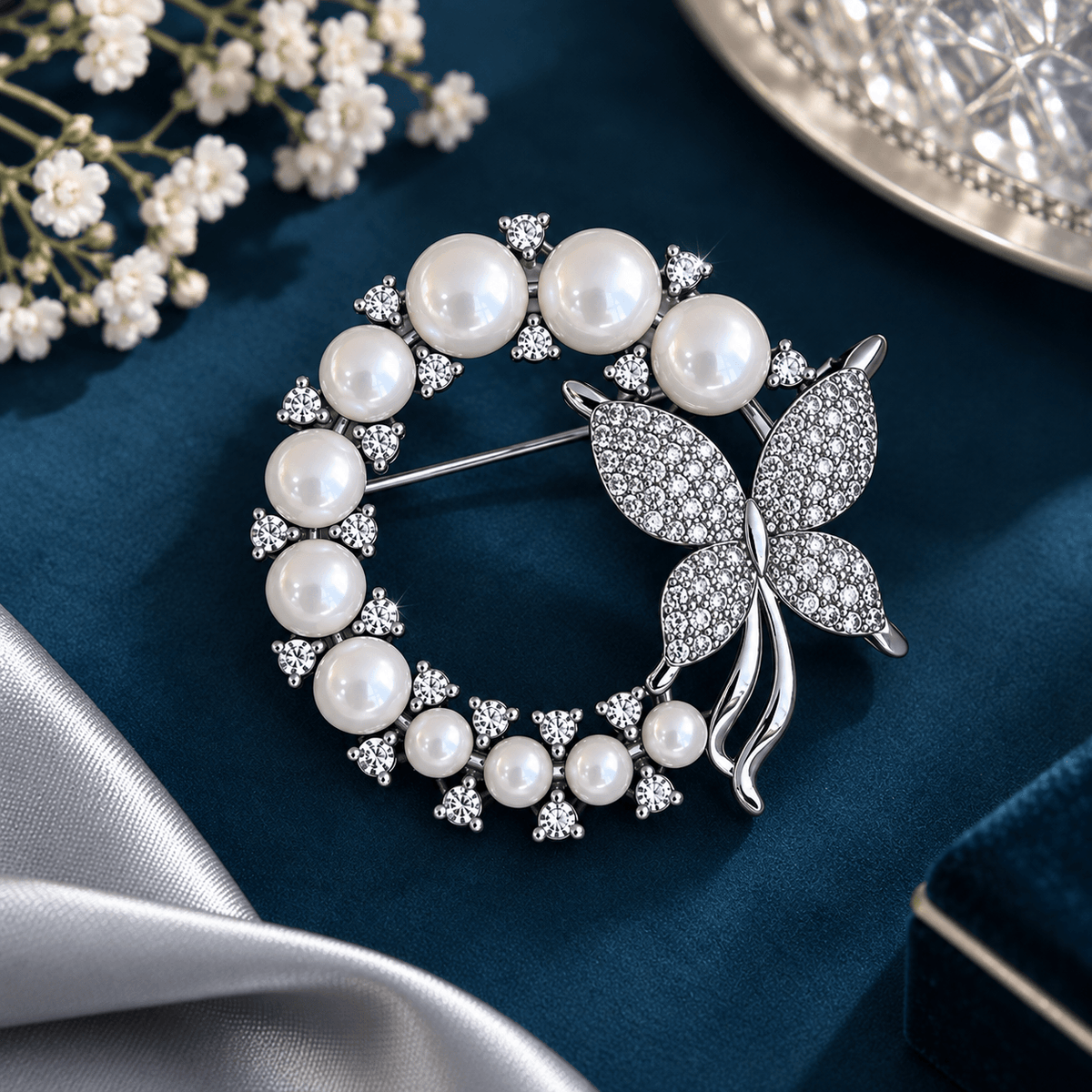 Crystal and pearl butterfly statement brooch for women