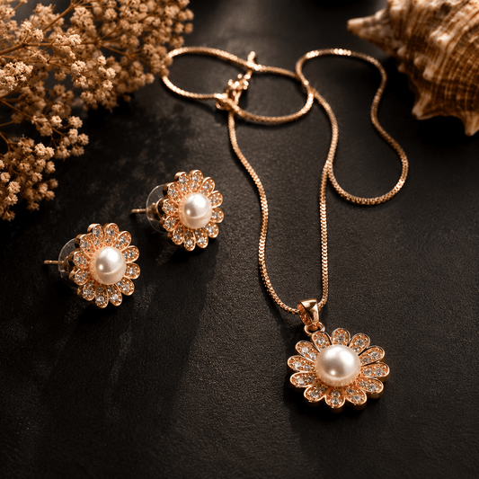 Gold Plated Pearl Pendant & Earrings Set with Chain for Women – Floral Jewellery Set | The Mirage Fashion