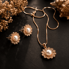 Gold Plated Pearl Pendant & Earrings Set with Chain for Women – Floral Jewellery Set | The Mirage Fashion