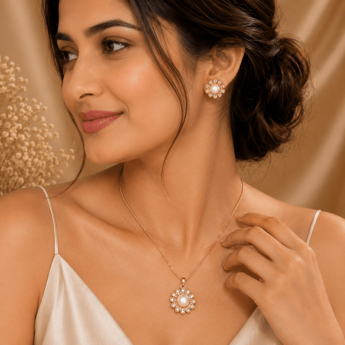 Gold Plated Pearl Pendant & Earrings Set with Chain for Women – Floral Jewellery Set | The Mirage Fashion