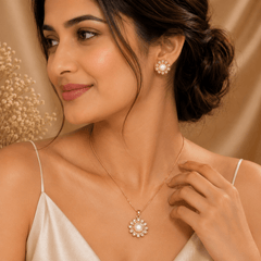 Gold Plated Pearl Pendant & Earrings Set with Chain for Women – Floral Jewellery Set | The Mirage Fashion