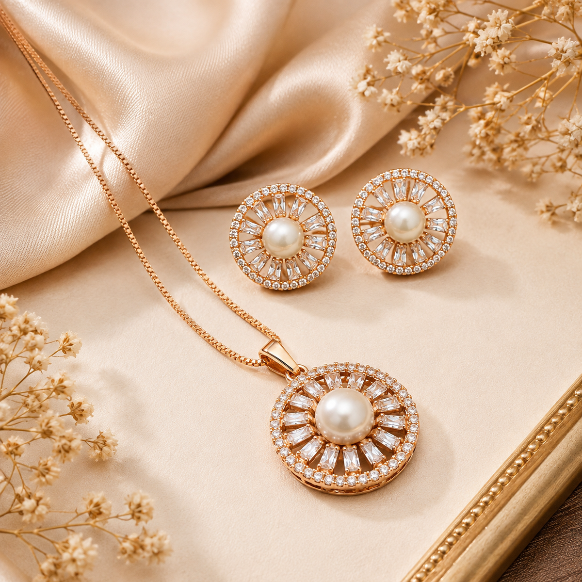 Pearl style American Diamond pendant set with matching earrings for women