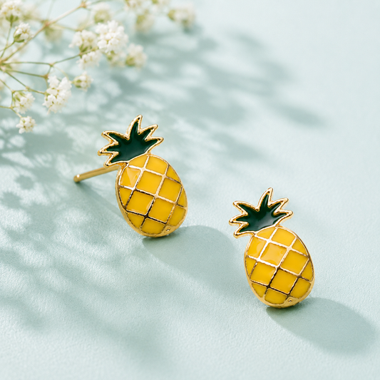 Cute yellow pineapple stud earrings with green leaves and gold-tone detailing for women