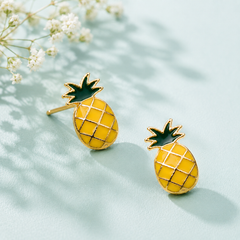 Cute yellow pineapple stud earrings with green leaves and gold-tone detailing for women