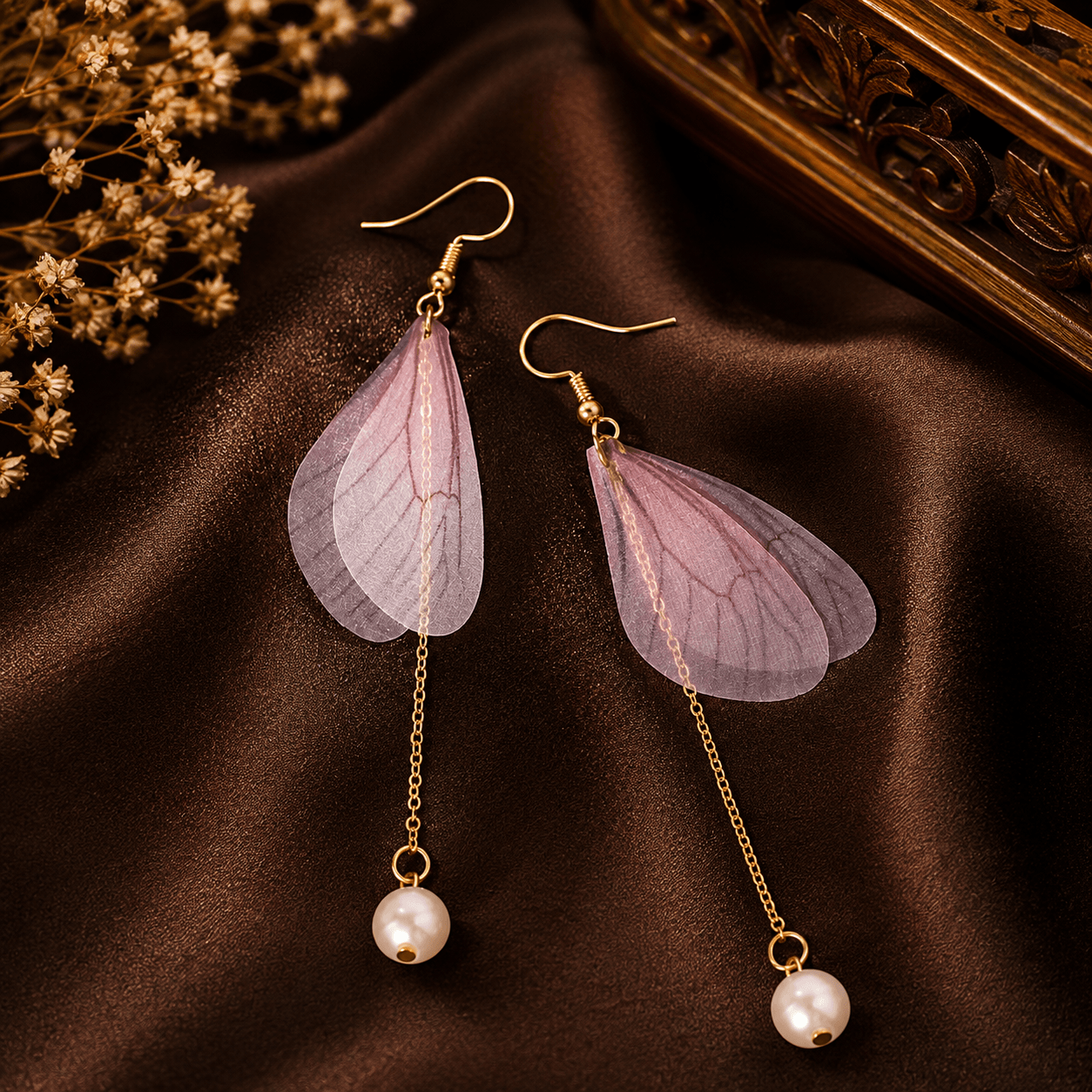 Pink butterfly lightweight earrings with long pearl hanging by The Mirage Fashion