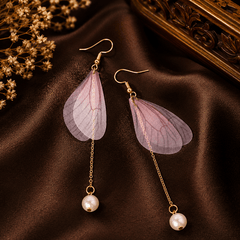 Pink butterfly lightweight earrings with long pearl hanging by The Mirage Fashion