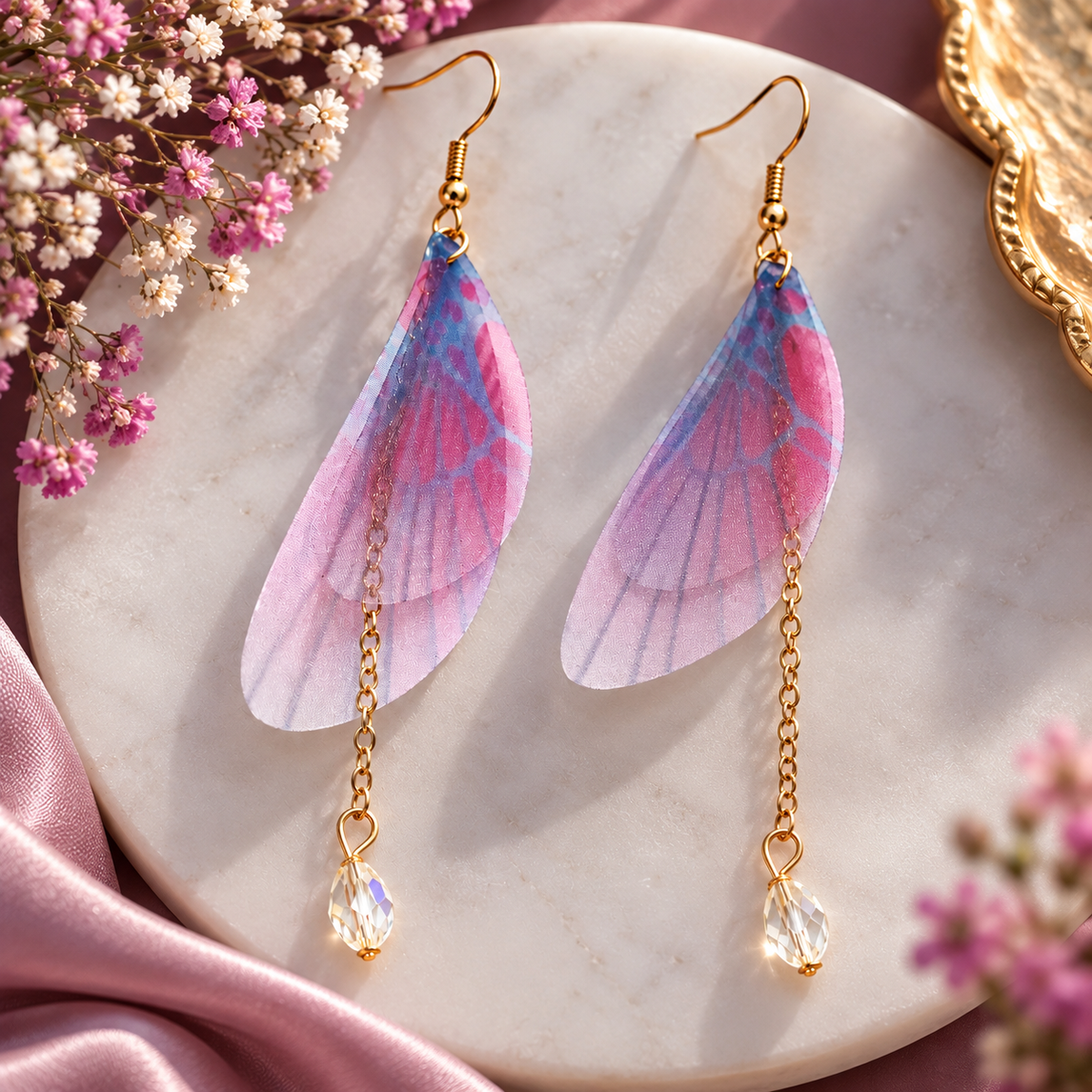 Pink Butterfly Wing Drop Earrings with Crystal | The Mirage Fashion