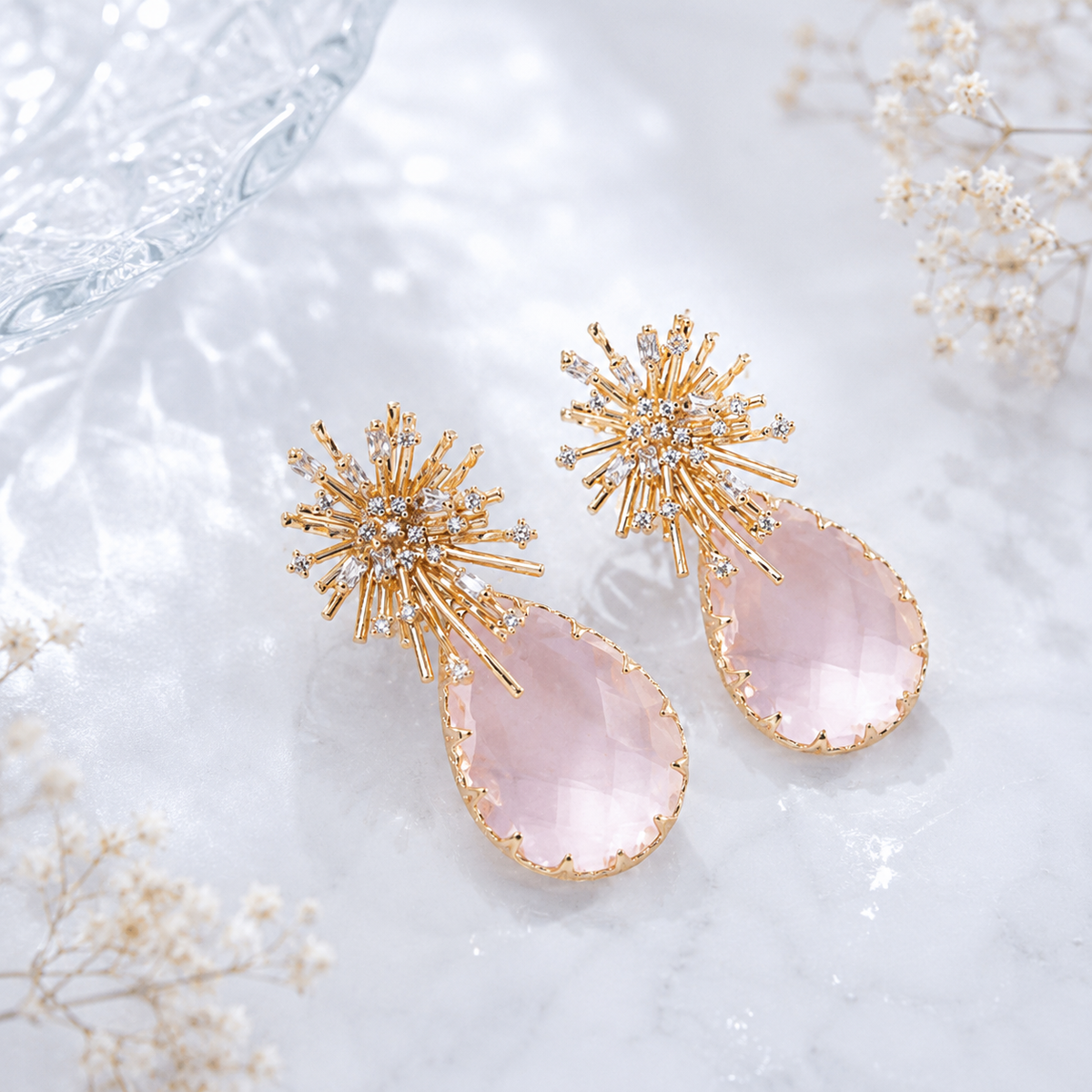 Pink Crystal Teardrop Statement Earrings with Gold Sunburst Design for Women | The Mirage Fashion