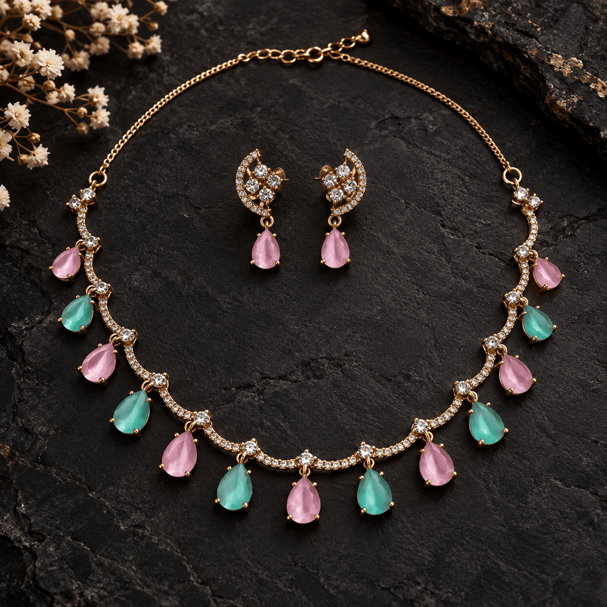 Pastel Pink & Mint Green Necklace Set with Earrings – Mehndi Finish