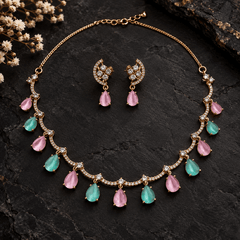 Pastel Pink & Mint Green Necklace Set with Earrings – Mehndi Finish