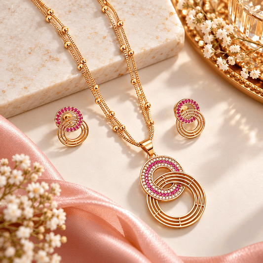 pink-radiance-interlocking-gold-tone-necklace-set-with-earrings-the-mirage-fashion