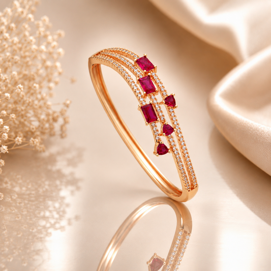 Rose Gold Ruby Pink Stone CZ Bracelet for Women | American Diamond Designer Kada / Bangle