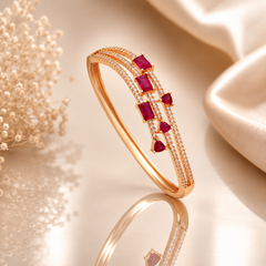 Rose Gold Ruby Pink Stone CZ Bracelet for Women | American Diamond Designer Kada / Bangle