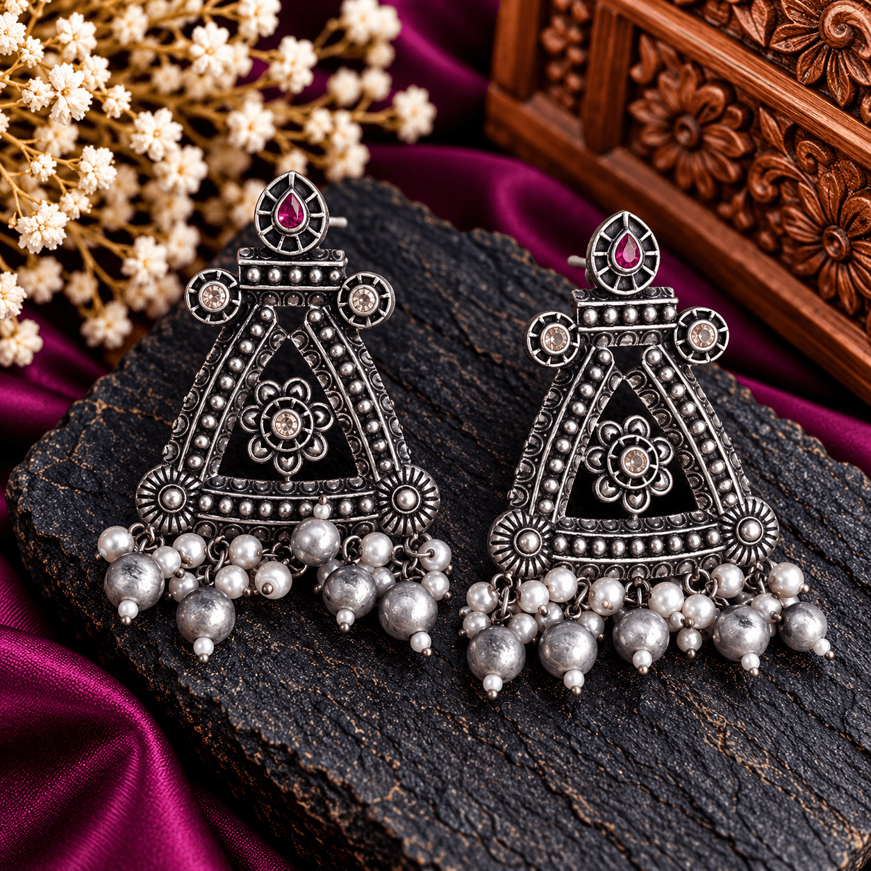 Oxidized silver-tone hanging earrings with pink stones, geometric detailing and white pearl-style drops
